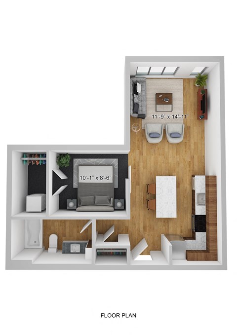 Floor plan for 1 bed, 1 bath, 567 sqft